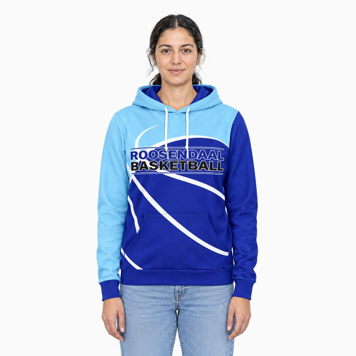 Blauw-Wit Roosendaal Basketball Hoodie gedragen door een vrouw