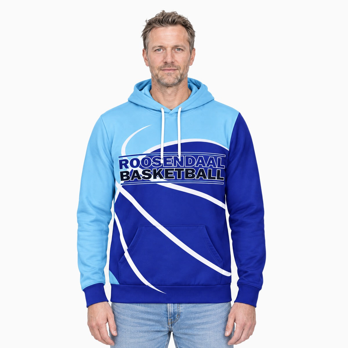 Blauw-Wit Roosendaal Basketball Hoodie gedragen door een man
